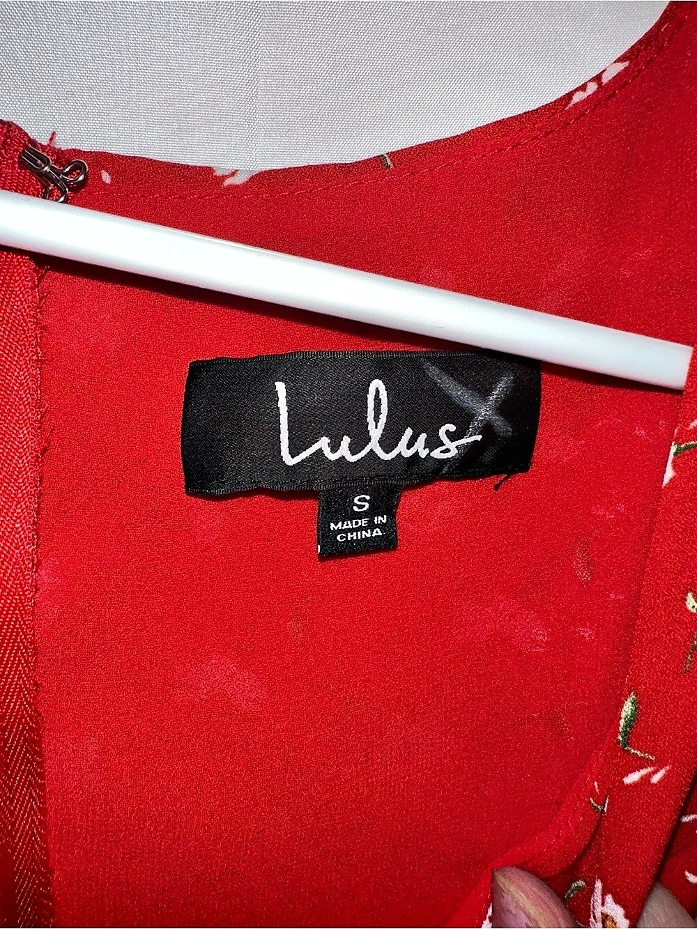 Lulus Red Floral Ruffle Wide Leg Jumpsuit Size Small - Picture 9 of 9